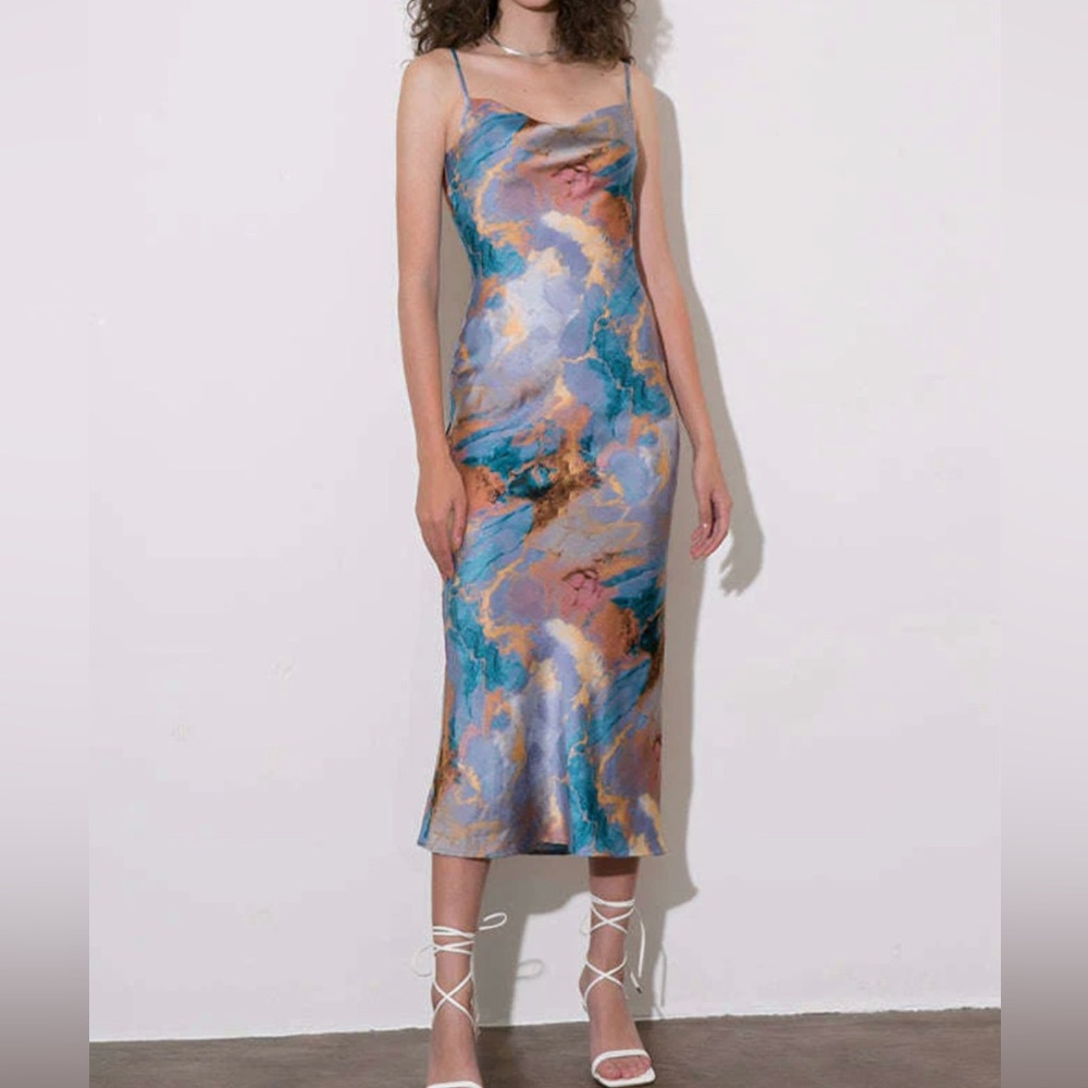 Abstract Print Draped Neck Slit Midi Dress
